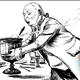 Black and white drawing of 18th century gentleman holding vat of wassail
